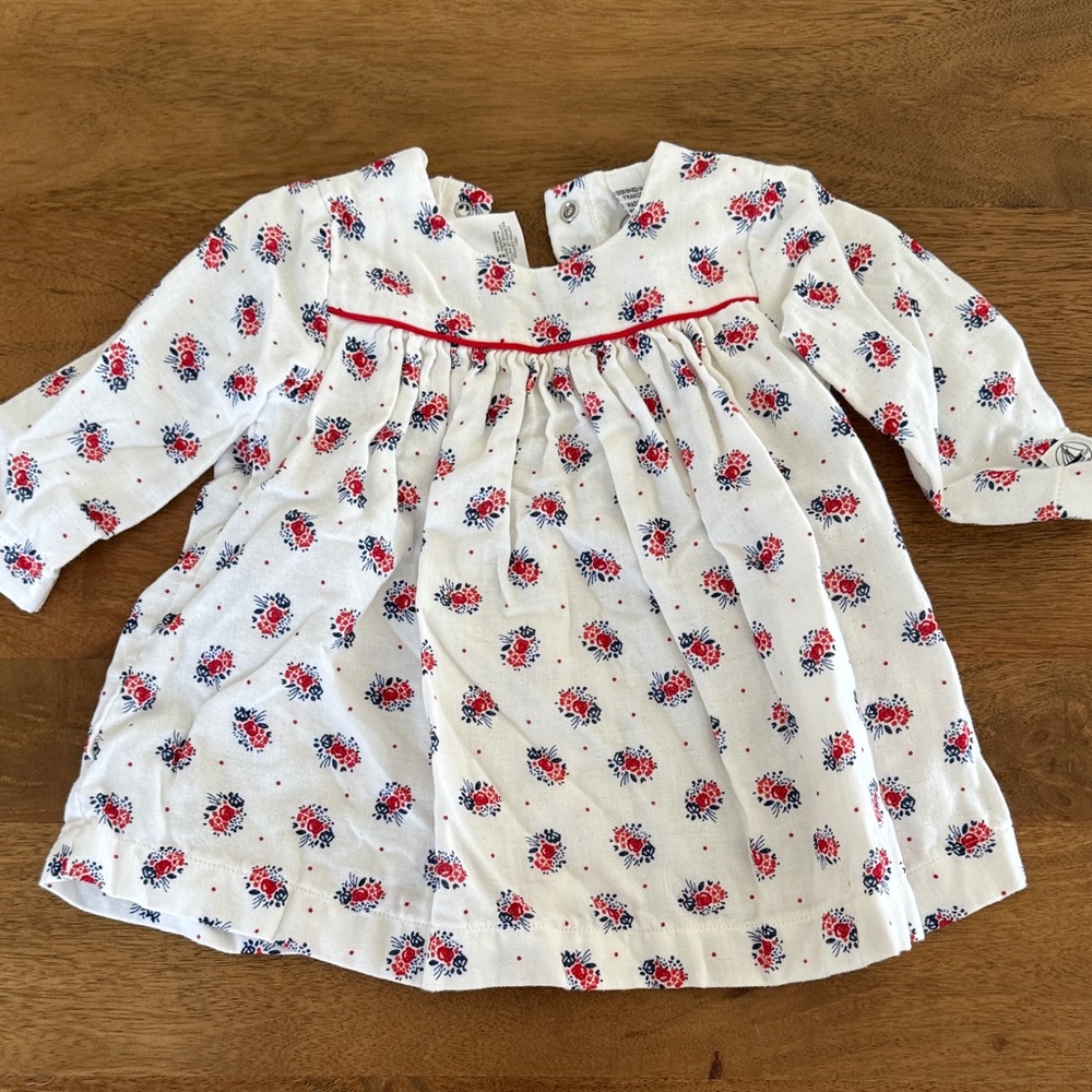 Petit Bateau White Dress with Red and Blue Floral Design size 6 months